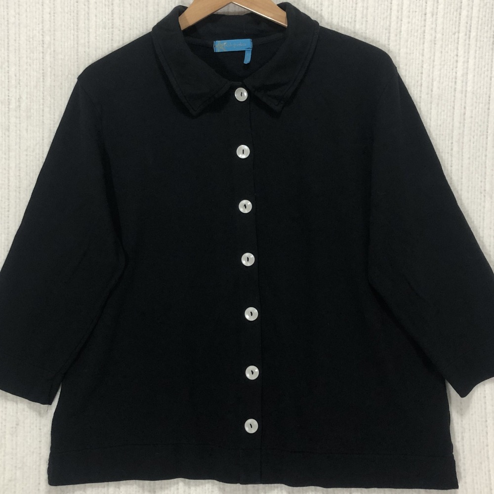 Fresh Produce Womens L Black Cotton French Terry Button Up Cardigan 3/4 Sleeve